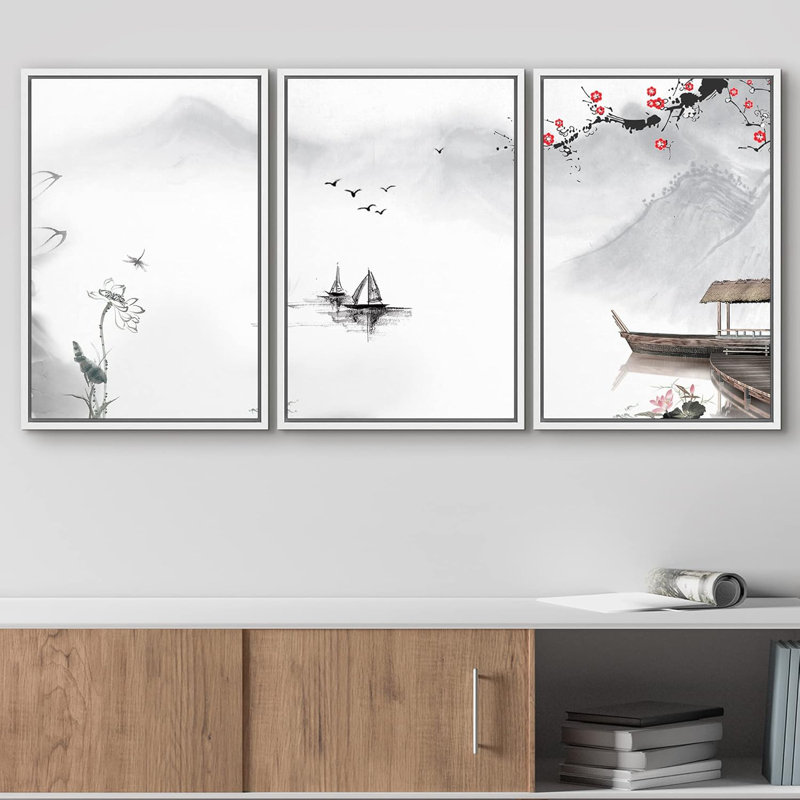 Fleurs de cerisier rouges sur des bateaux chinois, nature sauvage, illustrations, art moderne, culture, H 24 po x l 48 po