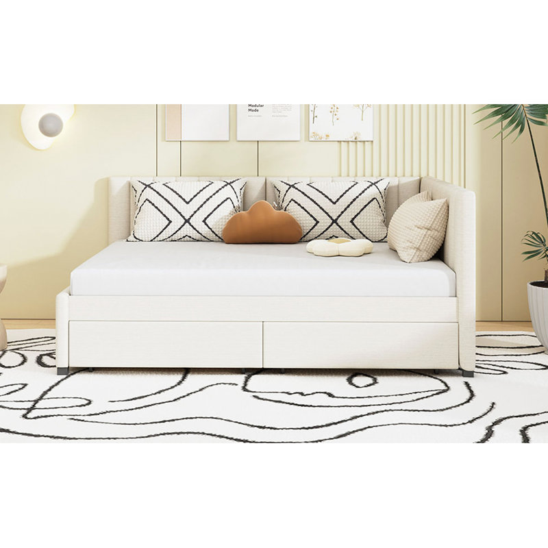 Lit de jour rembourré avec structure de canapé-lit à 2 tiroirs de rangement, tissu en lin, Beige