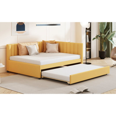 Full Size Upholstered Daybed With Trundle, Linen Fabric Yellow , No Box Spring Needed, Wood Frame, Space Bed Trundle In Yellow Linen, Framework, For A Long-Term Enjoyment