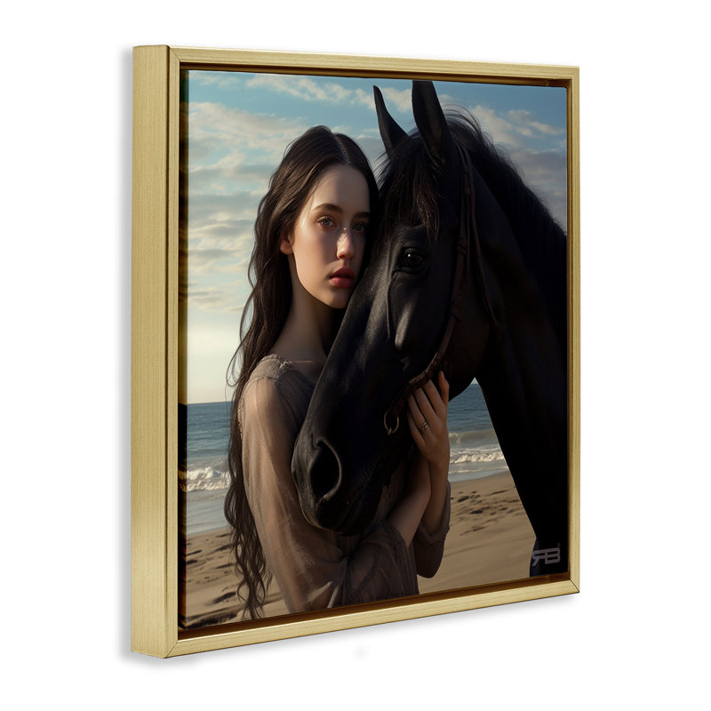 «Beautiful Girl & Stallion», art mural encadré par RB, Cadre flottant métallique doré, H 25 po x l 25 po