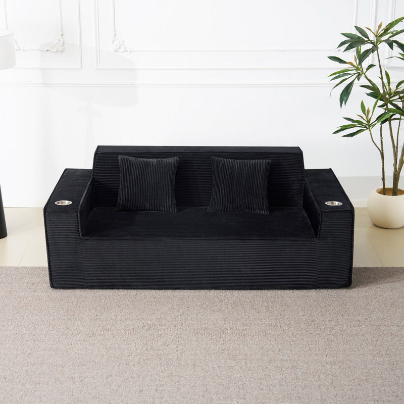 Canapé en velours côtelé 76 po avec porte-gobelets 76 po, Noir