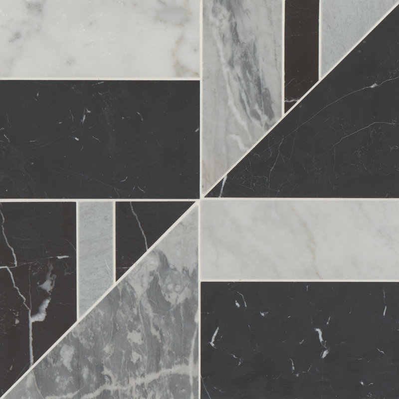Carreau de mosaïque de marbre aléatoire Modni, Blanc Carrara / Nero Marquina / Bardiglio Nuvolato