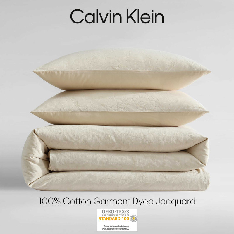 Calvin Klein Textural Rib Cotton Duvet Cover Set, Beige Floral, Queen Duvet Cover + 2 Standard Shams
