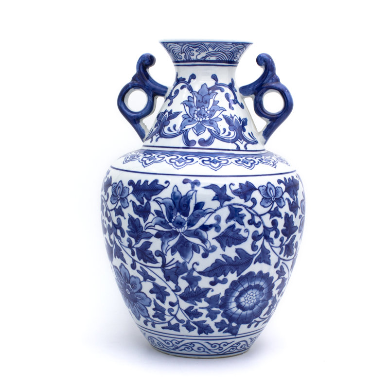Blue and White Porcelain Floral Table Vase with Handles