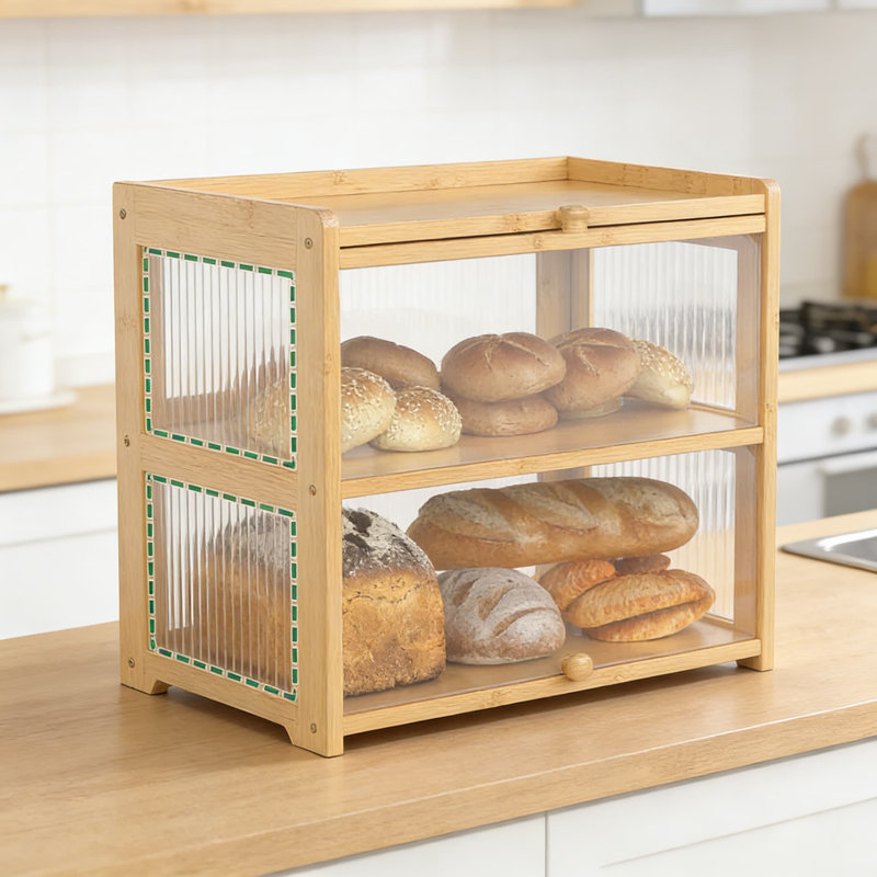Grande boîte à pain en bambou avec rangement double couche, fenêtres transparentes à 4 côtés et portes coulissantes pour comptoir de cuisine