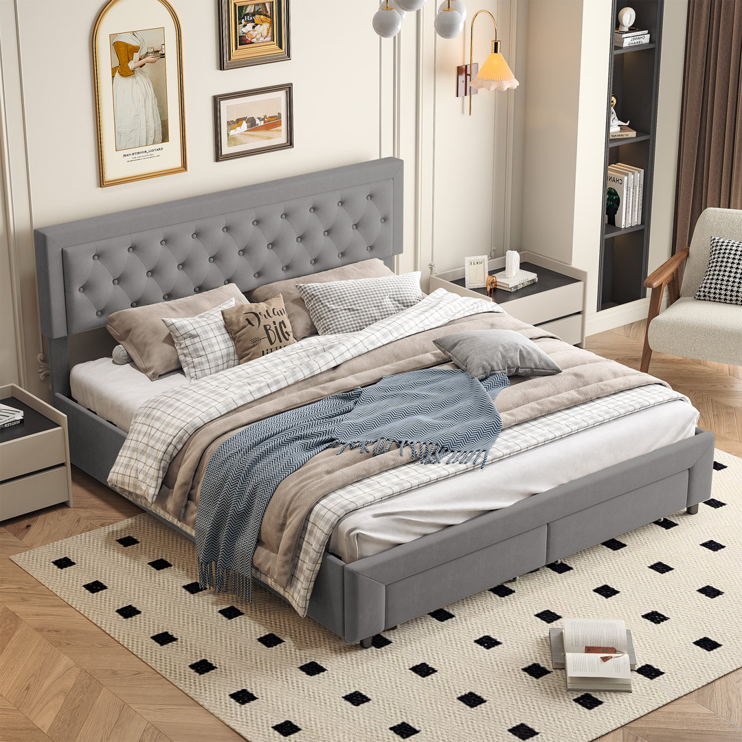 Tufted Upholstered Bed With 2 Storage Drawers