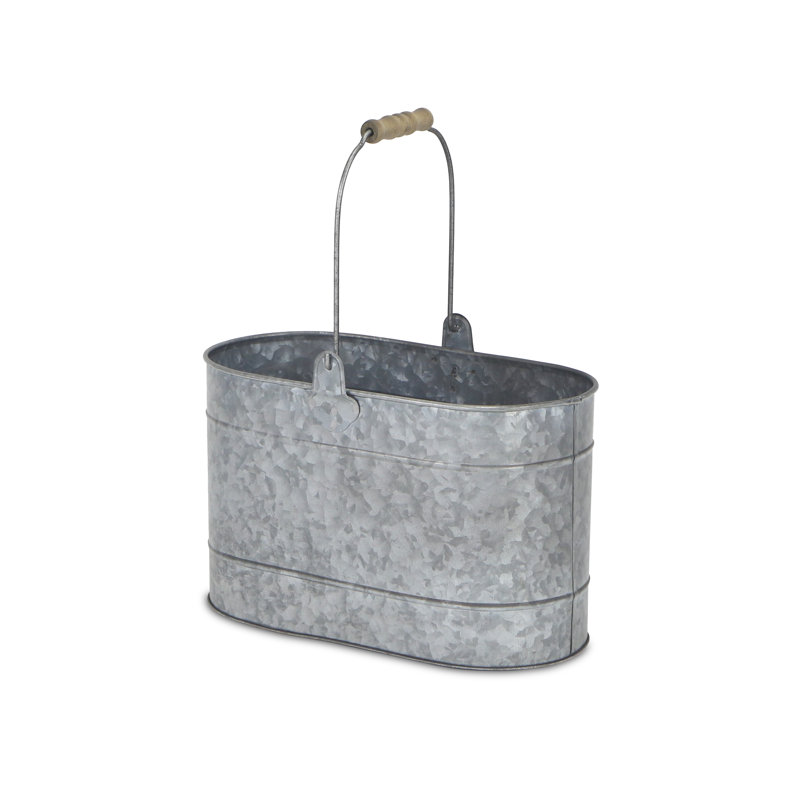 Oval Silver Galvanized Metal Bucket with Wood Handle Grip