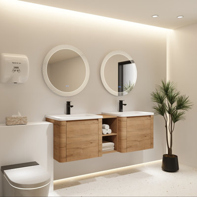 Meuble-lavabo mural avec lavabo en céramique blanche, tablettes de rangement et deux portes à fermeture en douceur