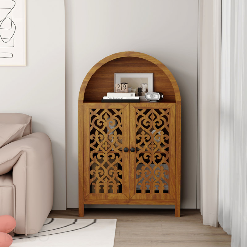 Armoire arquée sculptée à la main, armoire de rangement en bois massif avec tablette ouverte et 2 portes, grande armoire étroite pour le salon, la chambre à coucher, le vestibule