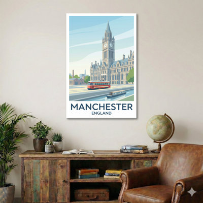 Manchester, England - Romantic Retro Travel Poster Of Gothic Town Hall And Canals. Giclee Print On Wrapped Canvas. Wall Art, Home Decor - Cities & Towns, England - Wrapped Canvas Print