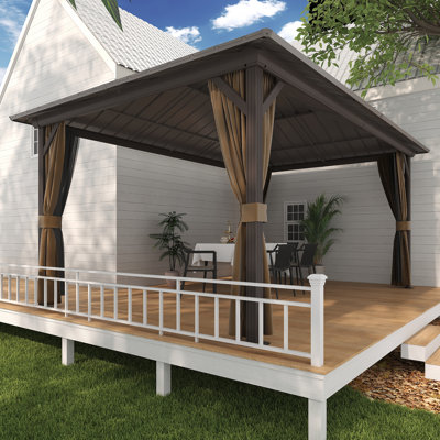 Pavillon de jardin en aluminium 12 pi x 16 pi avec double toit en acier, moustiquaire et rideaux