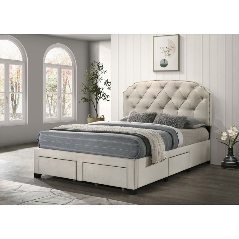 Grand lit de rangement contemporain tapissier avec tiroirs intégrés