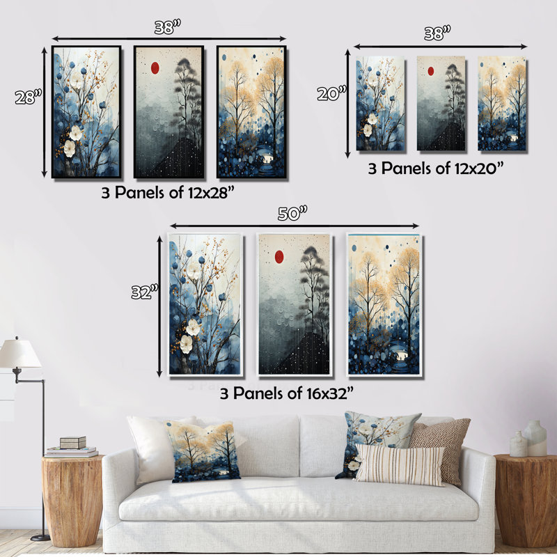 «Japon Art Blue Serene Zen Minamlism Landscape», 3 pièces sur toile, Toile tendue, H 20 po x l 36 po