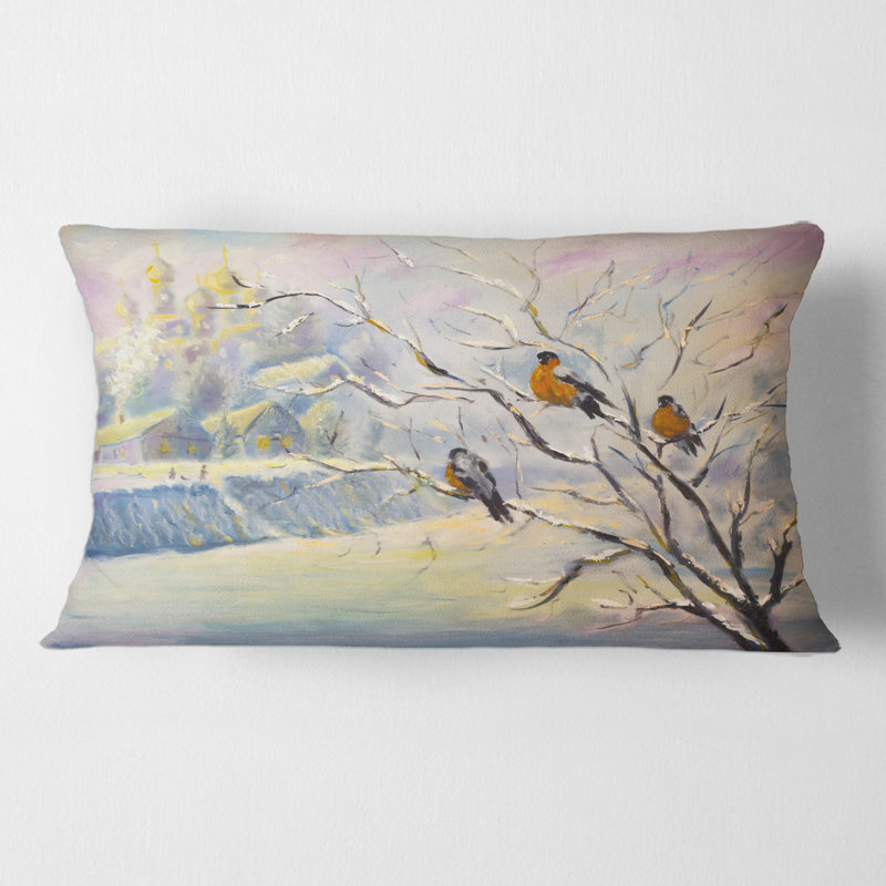 Rectangle, oiseaux rustiques sur un arbre dans un village d'hiver - Coussin Farmhouse