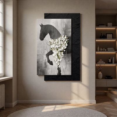 Cheval en grès en relief et art mural à DEL floral, thème de la bonne fortune
