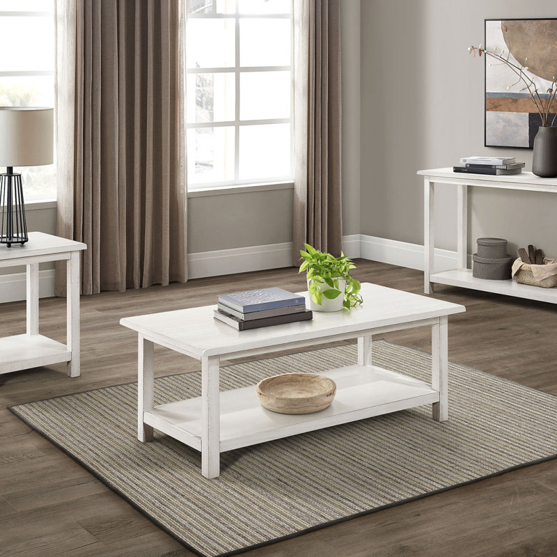 Table basse en bois blanc patiné avec tablette Castleton, Blanc
