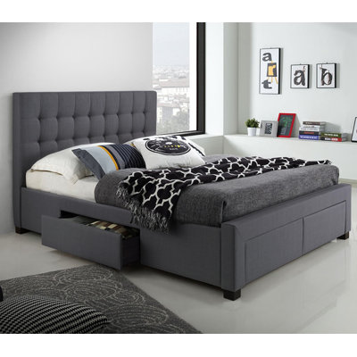 Linen Platform Storage Bed with Deep Button Tufting, Contemporary, Grey, Queen