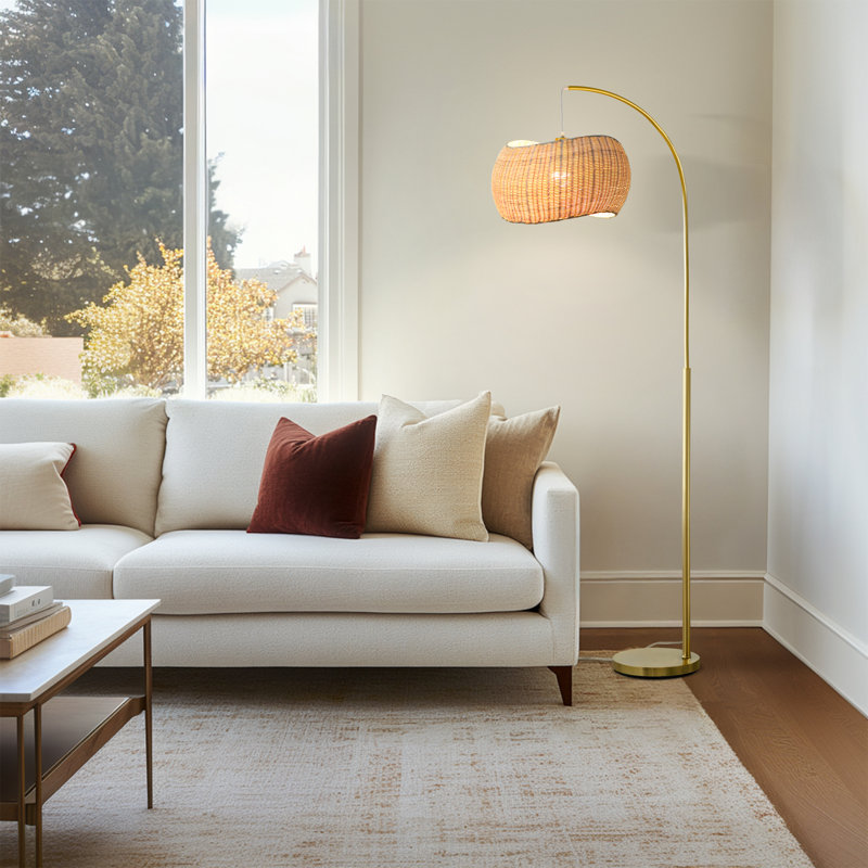 Wave 78 in. Boho Mid Century Modern Rustic Arched Standing Floor Lamp with Rattan Wicker Shade - LED Bulb Included