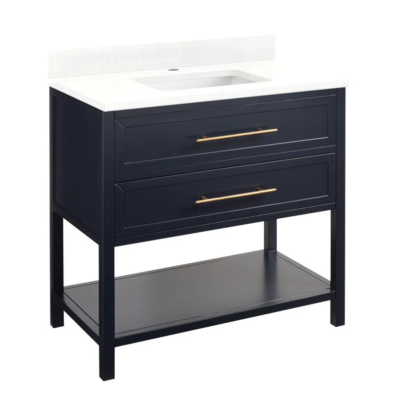 36" Robertson Single Bathroom Vanity Set with Rectangle Undermount Sink, 8" Widespread, Feathered White Quartz, Brushed White