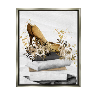 " Dazzling Floral Heel Shoes Trendy Books Stacked " by Kim Allen