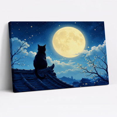 Toile noire regardant une pleine lune au-dessus d'une fleur de cerisier