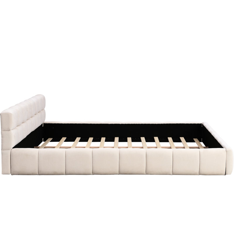 Cadre de lit en chenille beige de très grand lit, motif à damier pour une mise à jour élégante, confortable pour dormir avec tête de lit, nuit paisible, aucun sommier requis
