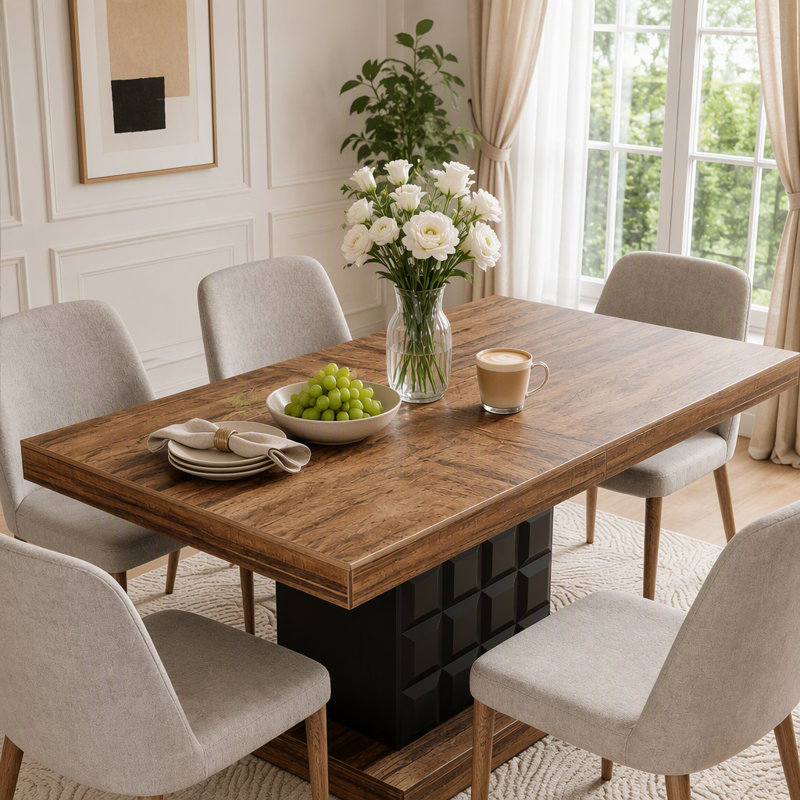 63" Modern Dining Table with Geometric Cubed-Pattern Base