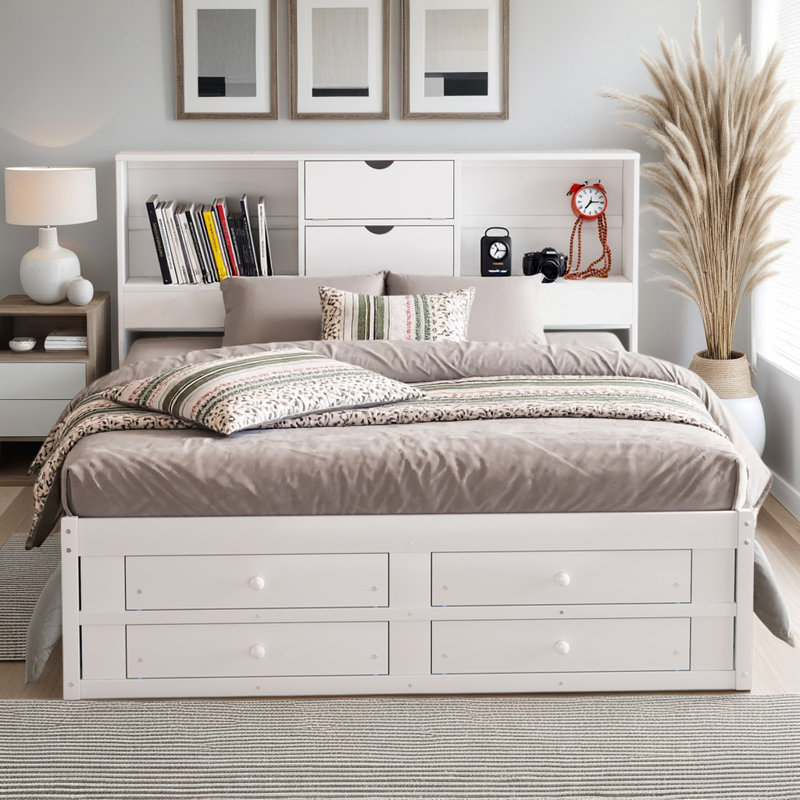 King Platform Bed with Storage Headboard & 8 Drawers - Solid Wood Construction, No Box Spring Needed, 500lb Capacity, White