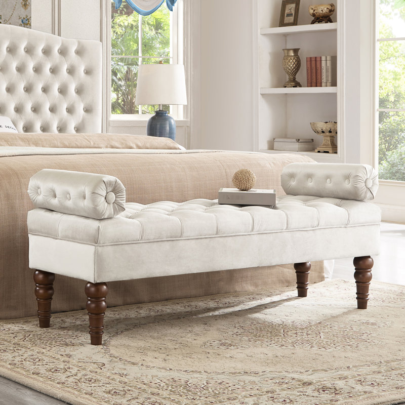 Velvet Button Bench For Bedroom - Wood Construction And   With Storage Buttons Solid, White