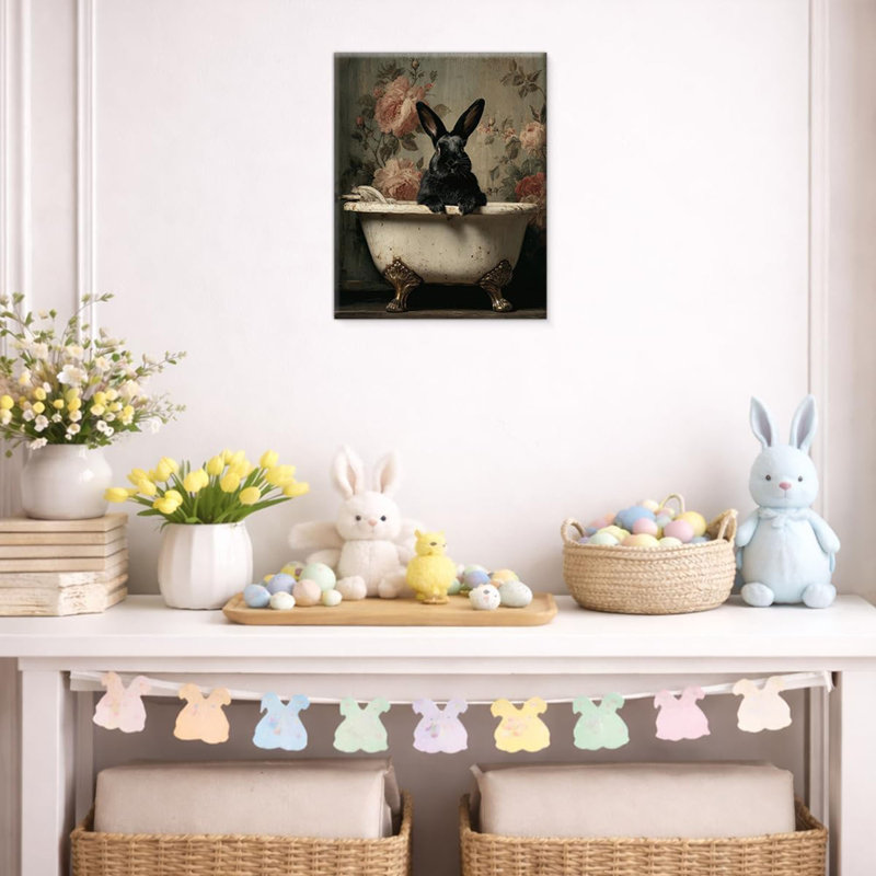 Lapin rétro, reproduction d'art de lapin noir dans la baignoire, peinture sur toile, image amusante de Pâques, décoration murale pour la salle de bain, encadré de 8 po x 10 po