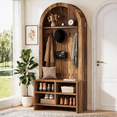70.9-Inch Brown Arched Four-In-One Coat Rack With Hooks, Storage Compartments, And A Bench; Versatile For Various Spaces.