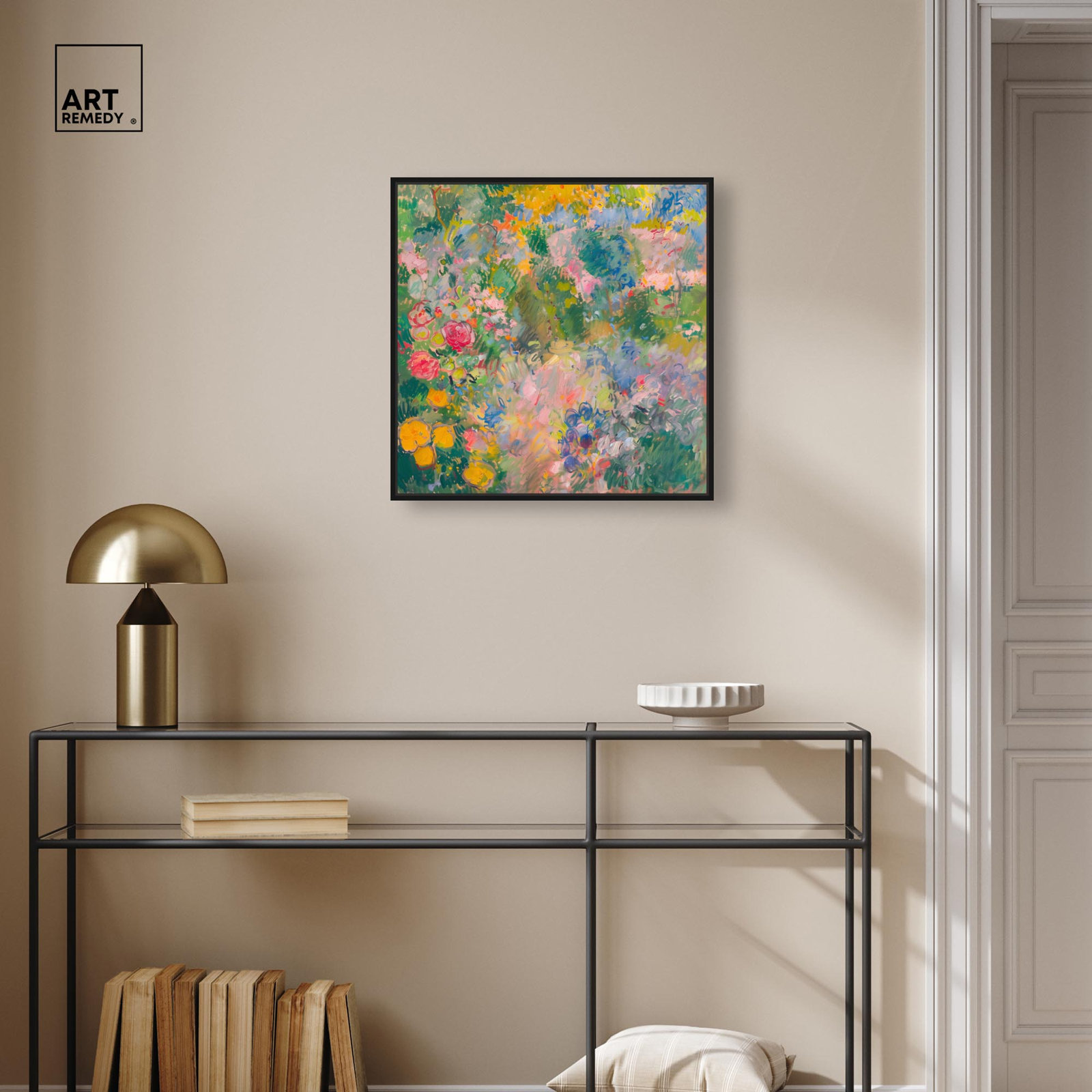Hues of Happiness I Canvas Vintage Floral Art by Art Remedy, 21" H x 21" W, Black Floater Framed