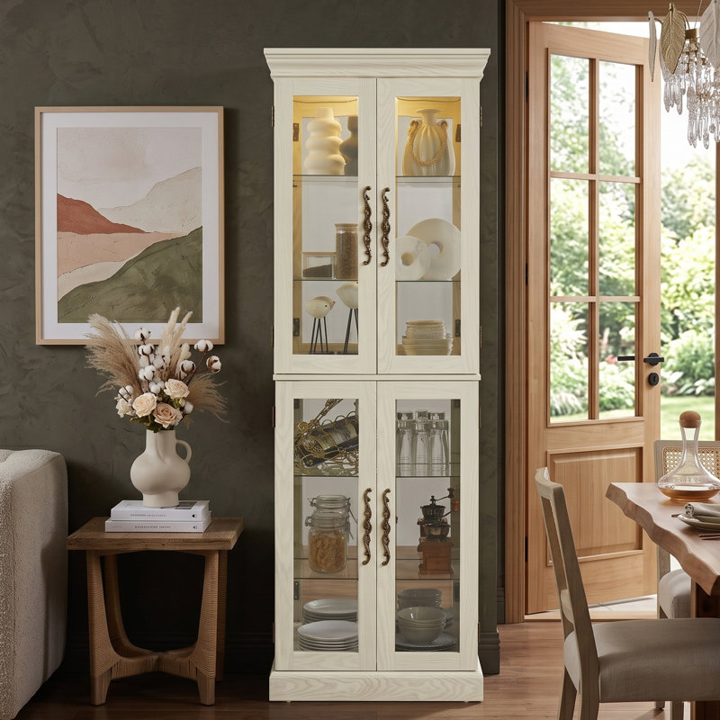 Lighted Curio Cabinet 71" Vintage Glass Display Case with Adjustable Shelves, 4 Tempered Glass Doors, Bulb Included, Wooden Square Wine Bar China Cabinet for Living Room Liquor Storage