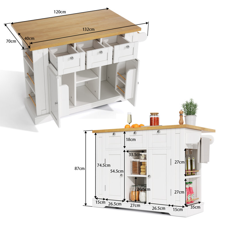 132 cm W Kitchen Island with Top, White