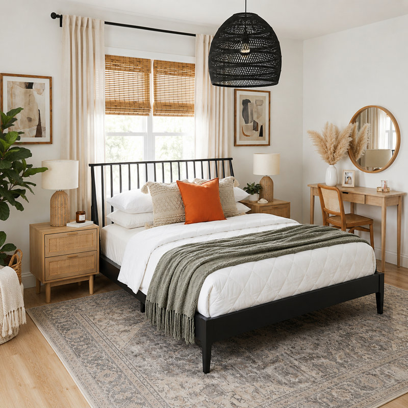 Lit plateforme moderne style Mid-Century avec tête de lit à broche Boho avec tête de lit haute de 46,5 po, cadre de lit en bois de bambou massif avec lattes de bois et support en métal, aucun sommier nécessaire, noir, très grand