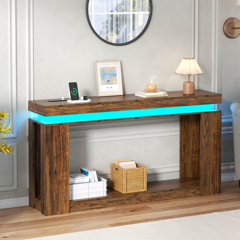 63" Long Console Table With Led Lights And Power Outlet, 2-Tier Farmhouse Sofa Table Behind Couch With Storage(Brown), Brown