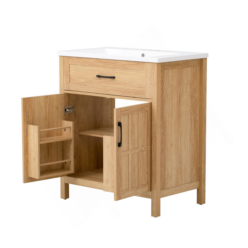 Meuble-lavabo de 30 po avec lavabo en résine, meuble-lavabo à cadre en bois avec tablette réglable, organisateurs de porte d'armoire, grain de bois naturel