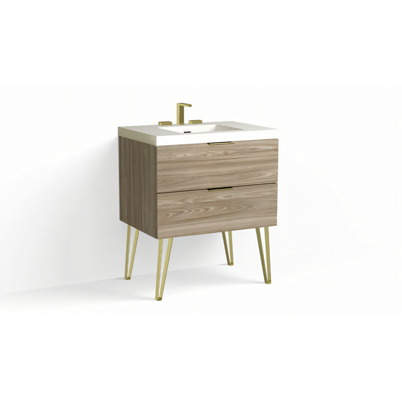 Avila 30" W Freestanding Single Bathroom Vanity with Dawson Leg, Nimbus, Matte White/8" Widespread, Satin Brass