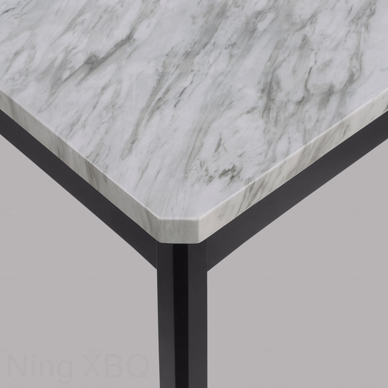 Table de salle à manger rectangulaire transitionnelle avec plateau en faux marbre blanc et base en bois noir
