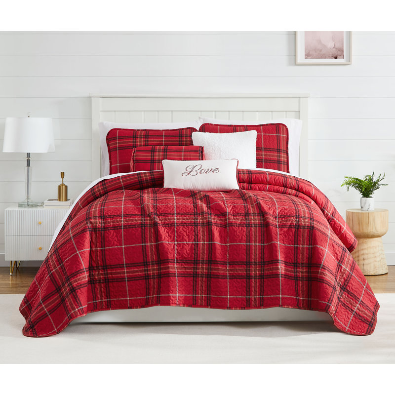 Vilano Plaid Oversized Microfiber Quilt Set by Southshore Fine Linens, Red, Twin Quilt + 2 Standard Shams  + 3 Throw Pillows
