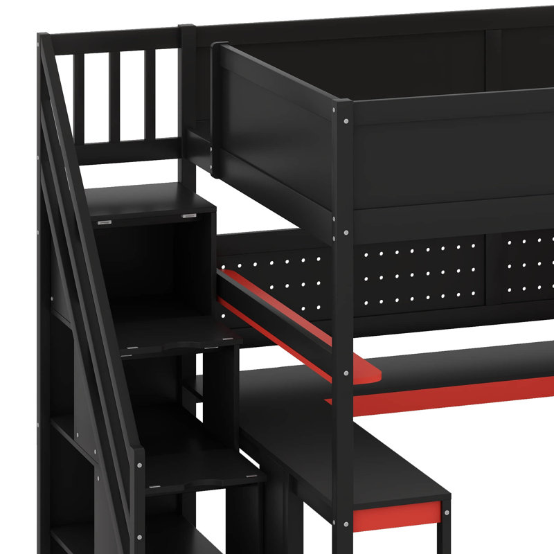 Designs Full Size Loft Bed With Desk And Storage Stairs, Shelves & Pegboard, Full, Black/Red