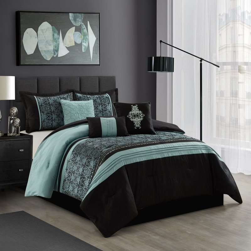 Charley Microfiber 7 Piece Comforter Set, King Comforter + 6 Additional Pieces, Aqua/Black