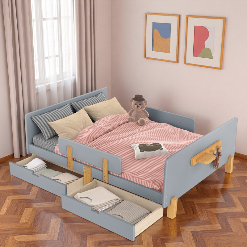 Lit plateforme avec tiroirs de rangement, garde-corps, petite tablette et crochets, Full , Gris