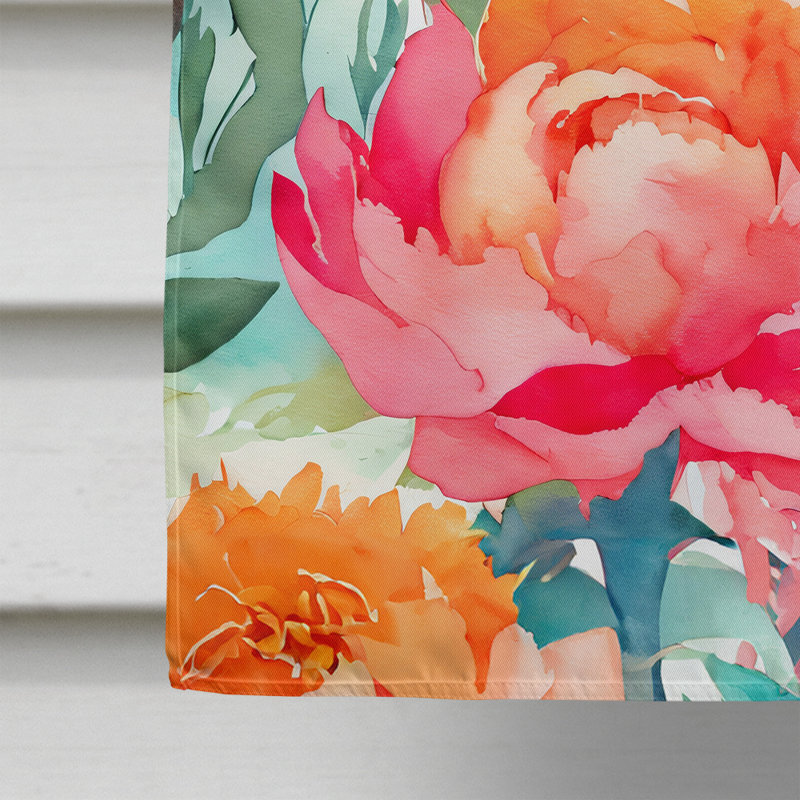 Pivoines dans un drapeau de maison aquarelle
