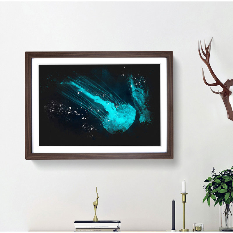 Neon Blue Jellyfish - Picture Frame Graphic Art Print, Walnut Framed, 62cm H x 87cm W x 2cm D