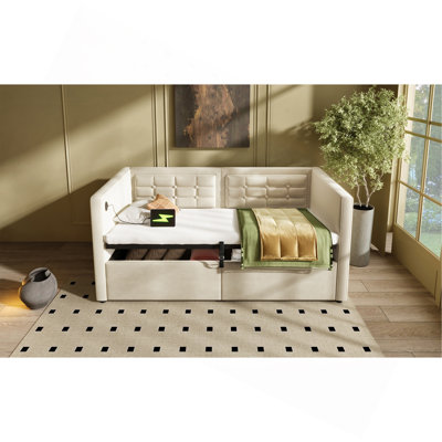 Upholstered Twin Size Daybed, Hydraulic Storage Twin Bed Frame With USB & Type-C Charging, Bed Frame With Wooden Slats And Tufted Sofa Back, Velvet (Without Mattress)