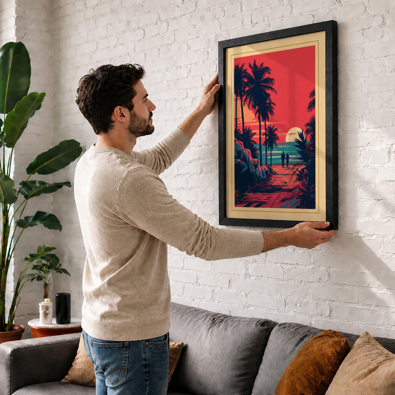Tropical Sunset Palms Retro - Framed Print, Walnut, A3 - 42.0 x 29.7 cm