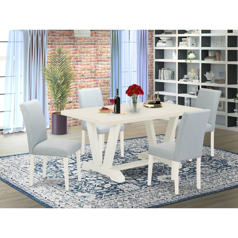 5 Piece Dining Room Table Set Includes a Rectangle Kitchen Table with V-Legs and 4 Baby Blue Linen Fabric Parsons Dining Chairs, Multi-Color