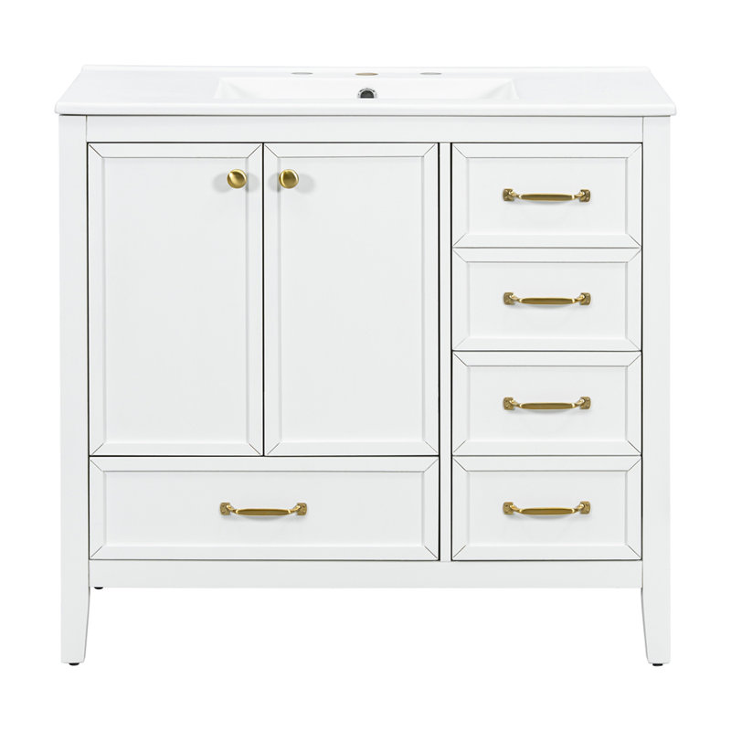 Meuble-lavabo 36 po avec lavabo, armoire de salle de bain avec porte à fermeture en douceur, 4 tiroirs de différentes tailles, structure et pied en bois massif, deux ensembles