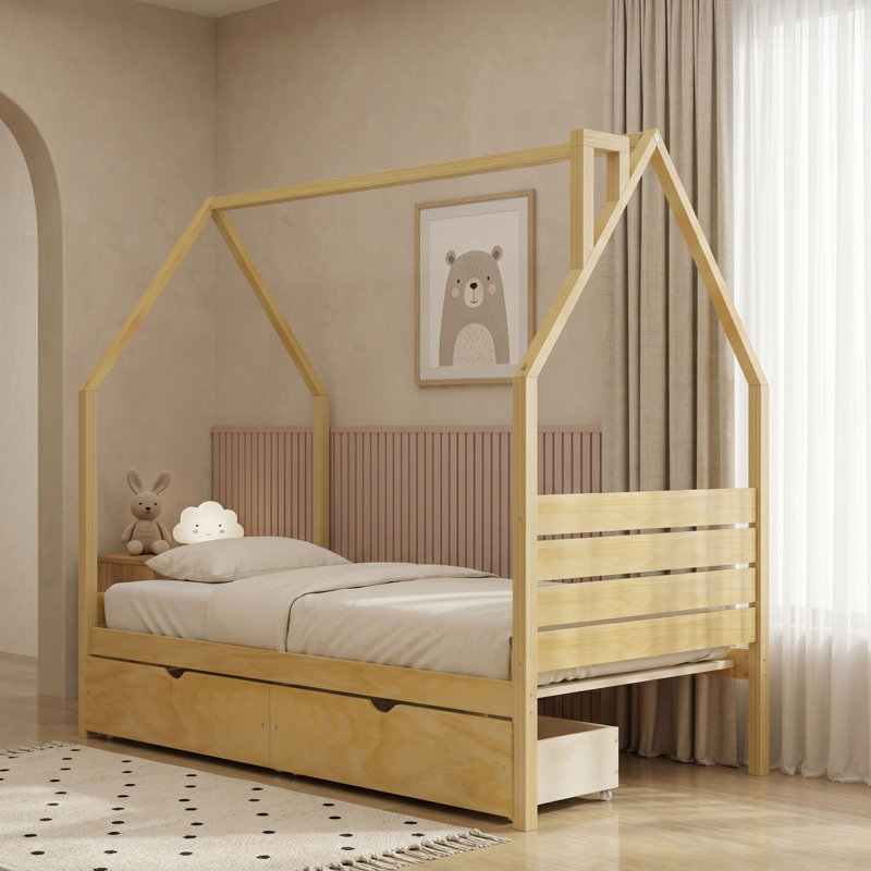 Lit en bois en forme de maison avec tiroirs de rangement et tête de lit, Twin, Natural